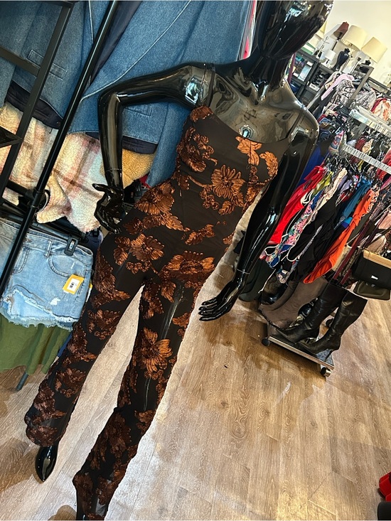 AKIRA Pants - AKIRA Black Strapless Jumpsuit with Brown Floral Print